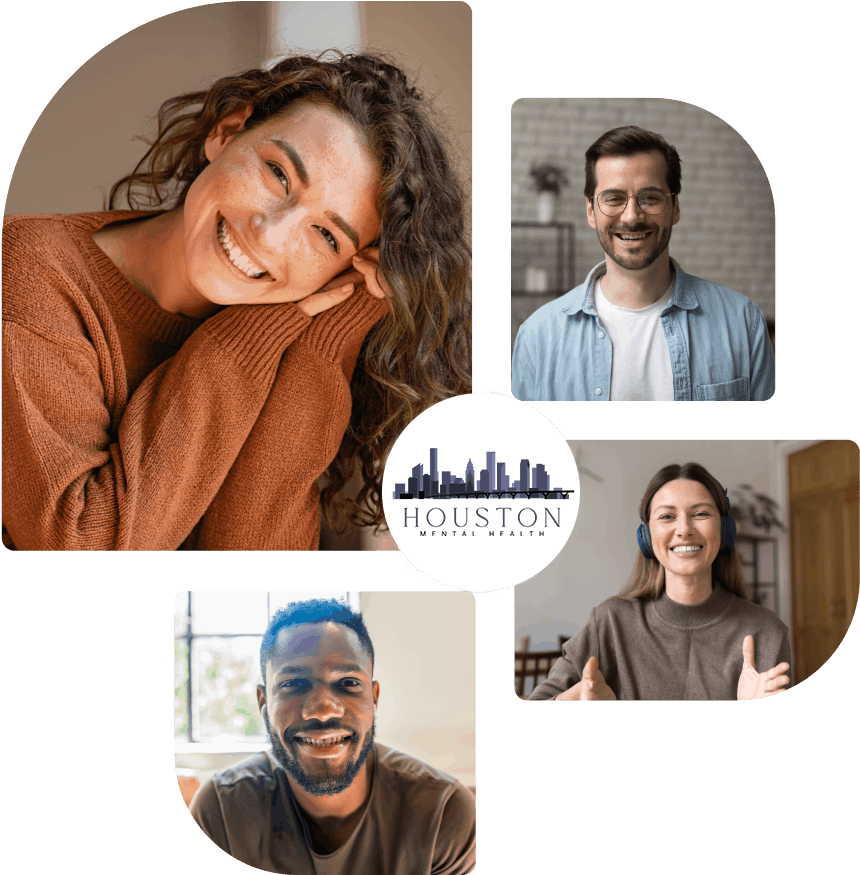Diverse group of smiling people arranged around a central Houston Mental Health logo in a collage.