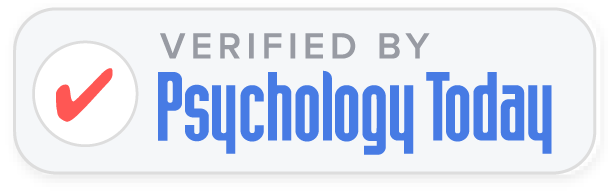 Verified by Psychology Today badge with a red checkmark and rounded light-gray container.