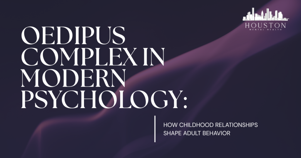 Cover slide with title 'Oedipus Complex in Modern Psychology' and subtitle 'How Childhood Relationships Shape Adult Behavior' plus Houston Mental Health logo on a purple background.