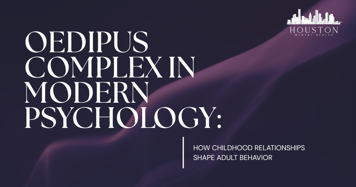 Cover slide with title 'Oedipus Complex in Modern Psychology' and subtitle 'How Childhood Relationships Shape Adult Behavior' plus Houston Mental Health logo on a purple background.