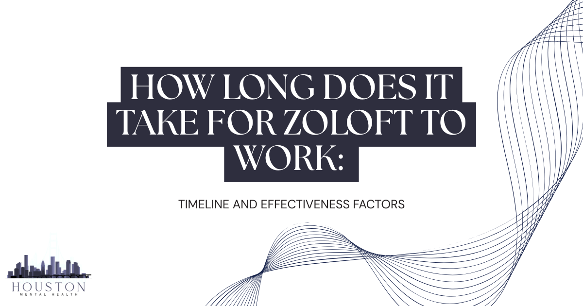 Cover slide: 'How long does it take for Zoloft to work' with subtitle 'Timeline and Effectiveness Factors' and Houston Mental Health logo; decorative blue wave lines.