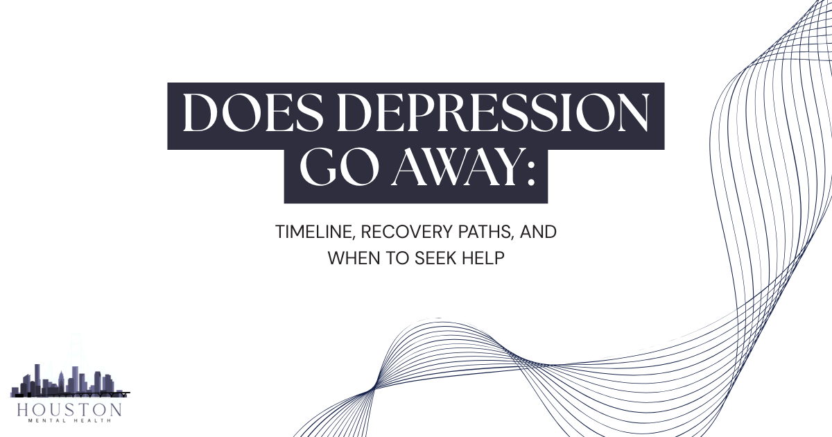 Cover slide titled 'Does Depression Go Away: Timeline, Recovery Paths, and When to Seek Help,' with the Houston Mental Health logo in the bottom-left and abstract blue wave design.