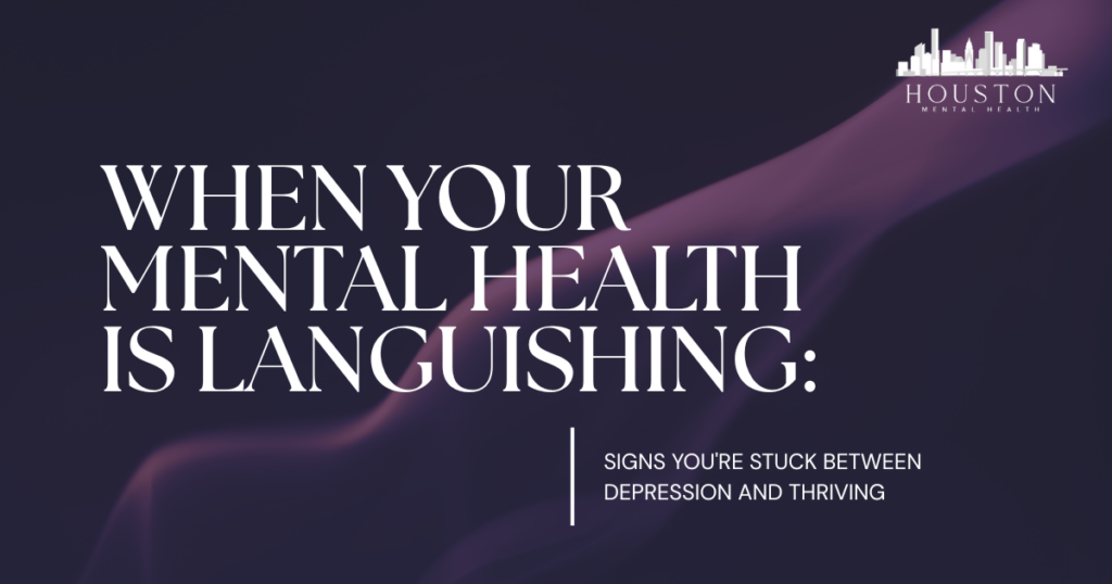 Hero banner with the title 'When your mental health is languishing' and subtitle about depression, Houston Mental Health logo top-right.