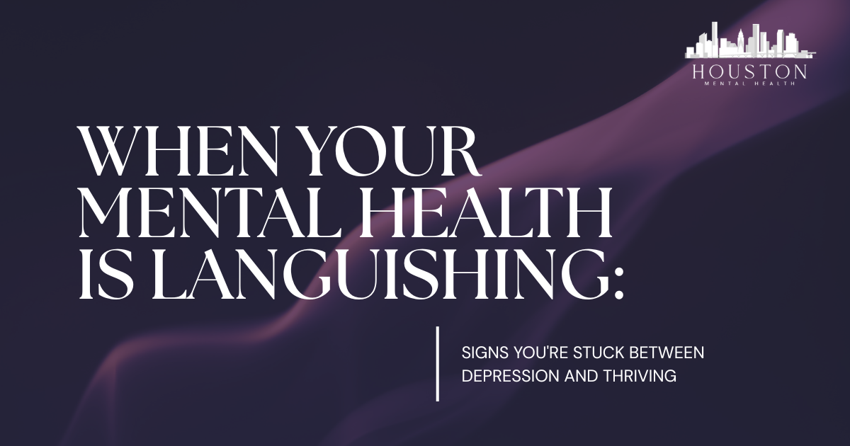 Hero banner with the title 'When your mental health is languishing' and subtitle about depression, Houston Mental Health logo top-right.